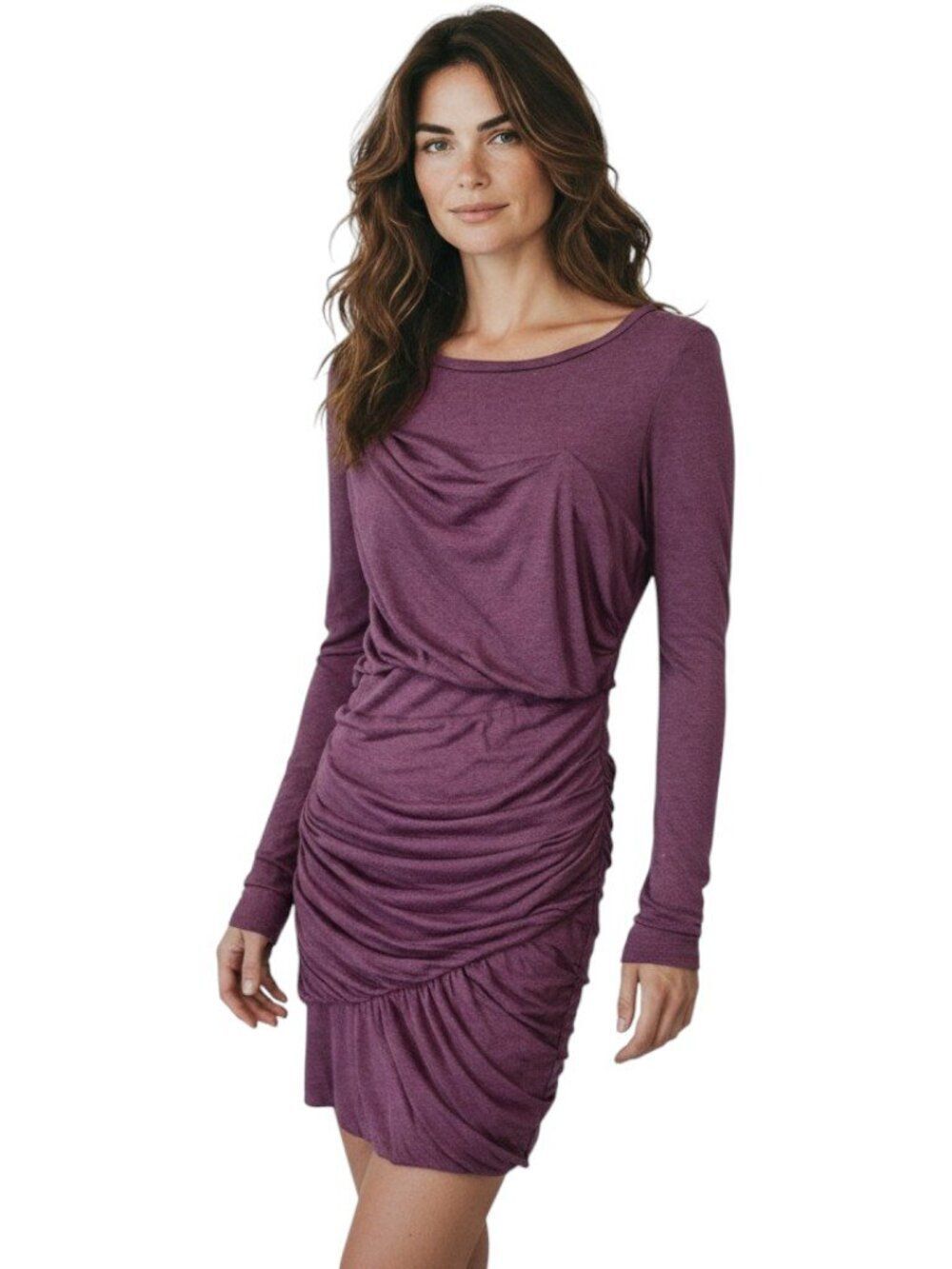 Heather Bordeaux Draped Ruched Bubble Hem Mini Dress Long Sleeve Purple Size M - Picture 1 of 11